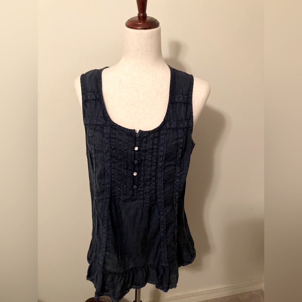 Roz & Ali Navy Sleeveless Tank Top with Button Detail
